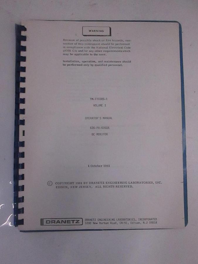 Used Dranetz Volume 1 Operators Manual for TM-110385-1, Used