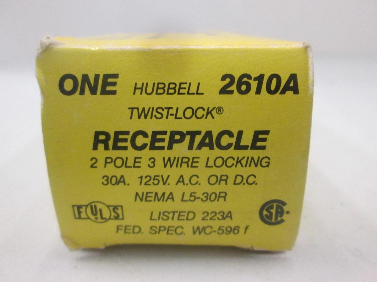 Hubbell, 2610A, Twist Lock Receptacle, 2 Pole, 30A, 125V. New