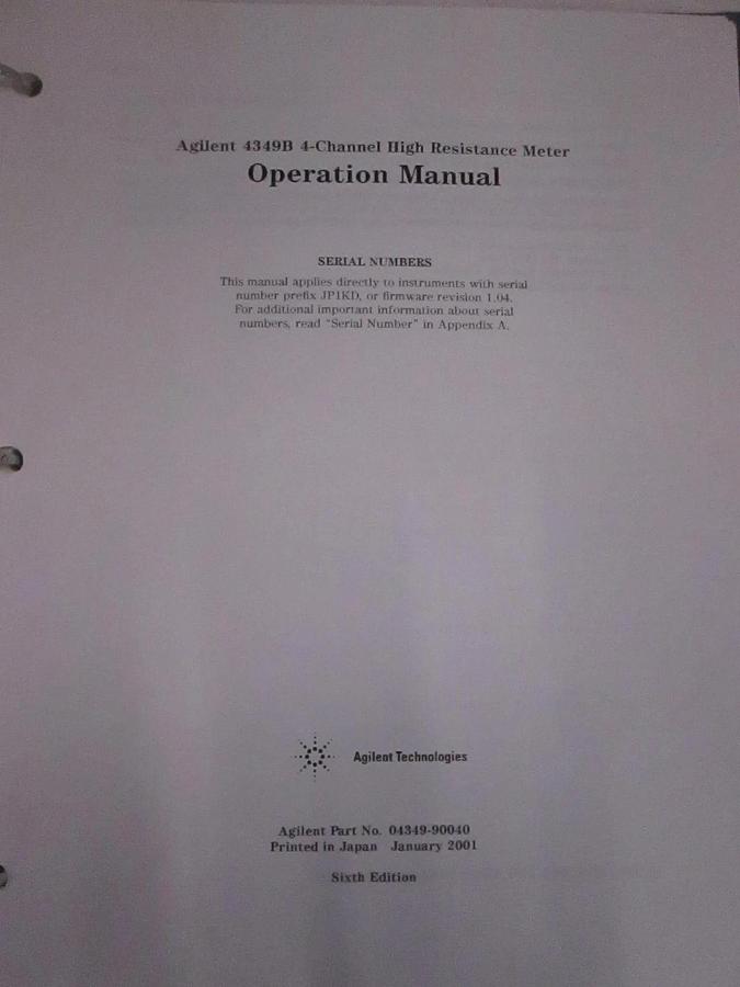 Used Agilent 4349B 4-Channel High Resistance Meter Operation Manual, Used