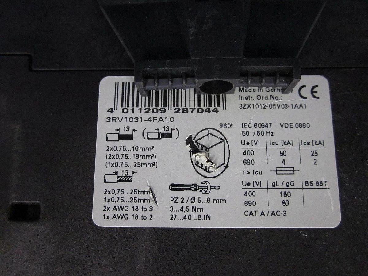 Used SIEMENS 3RV1031-4FA10 Circuit Breaker for Motor Protection w/ Contactor