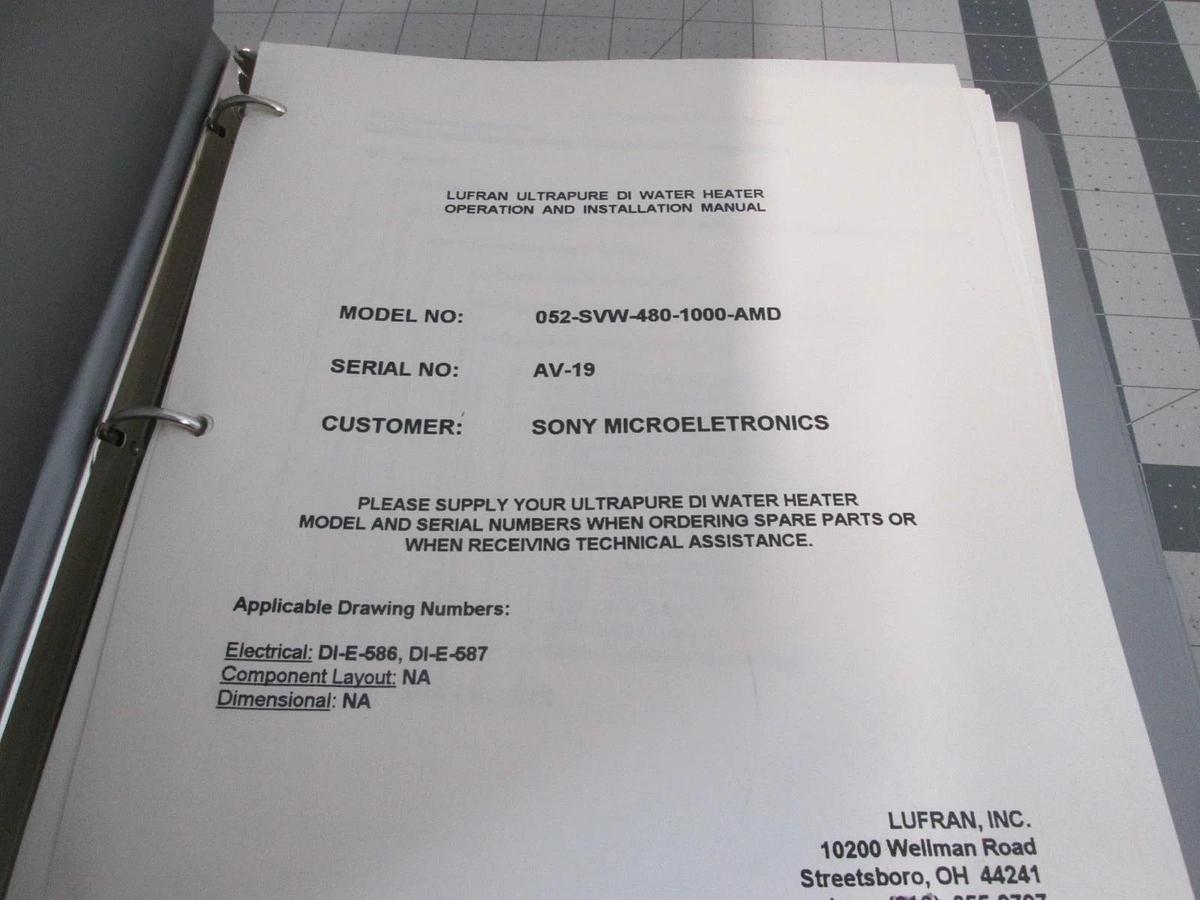Used Lufran, 052-SVW-480-1000-AMD, Water Heater Operation andnstallation Manual, Used