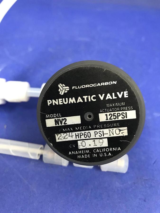 Used Fluorocarbon NV2-224 High Purity N.C. Pneumatic Valve, w/ Teflon Fittings
