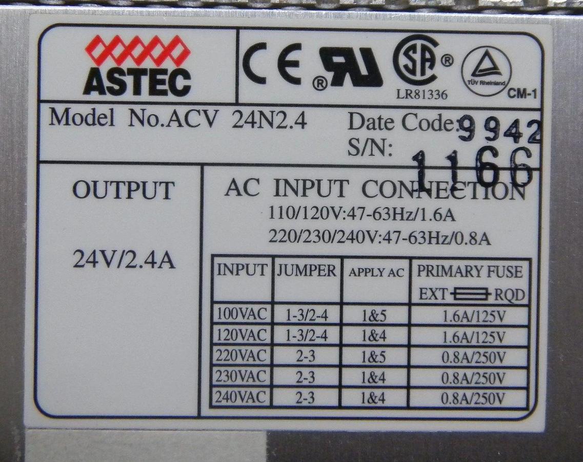 Used Astec ACV 24N2.4 Power Supply, Output 24V/2.4A, AC Input: 110/120V/ 47-63HZ