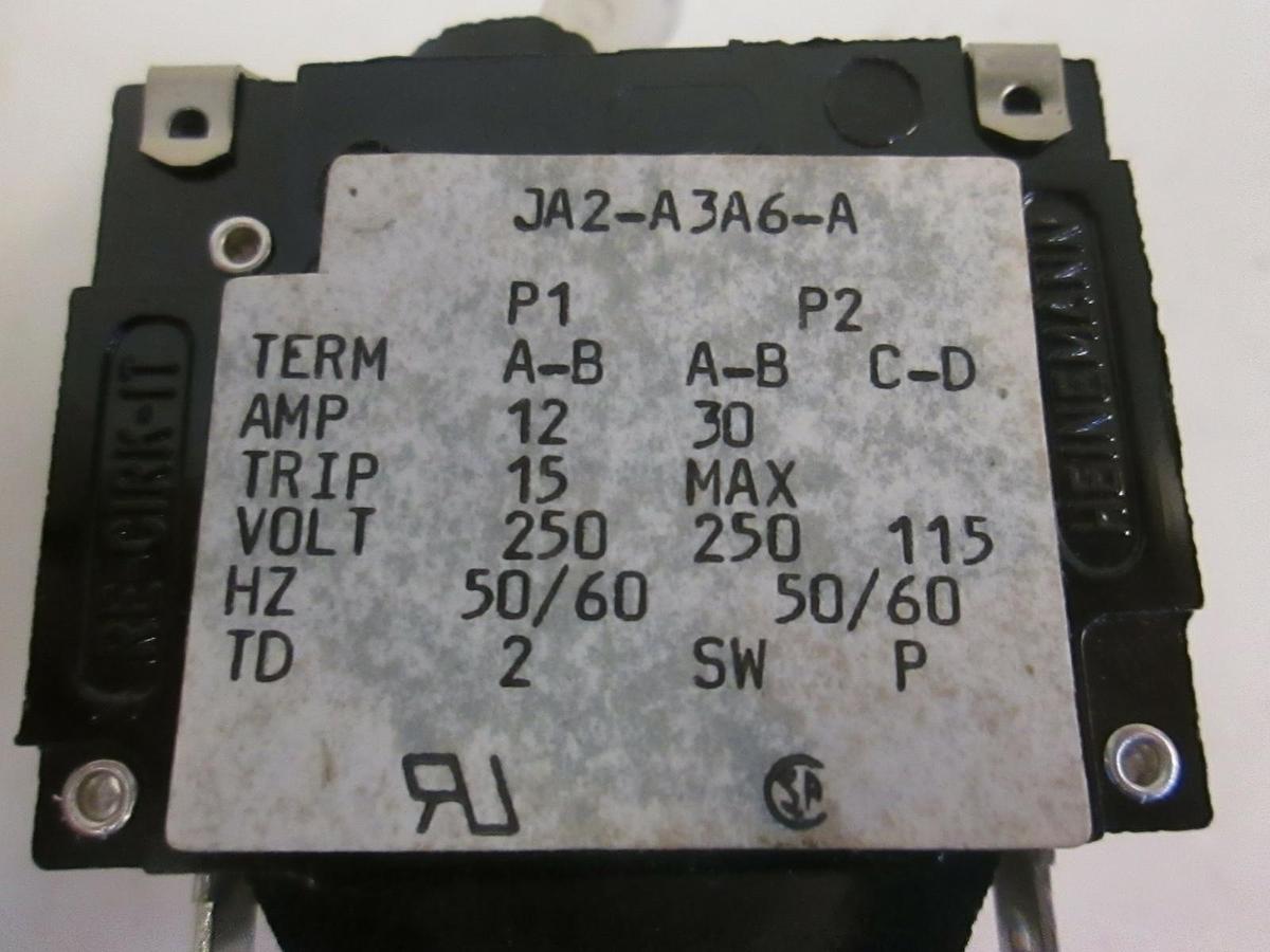 Used Heinemann JA2-A3A6-A, 2 Pole Circuit Breaker Switch- Used