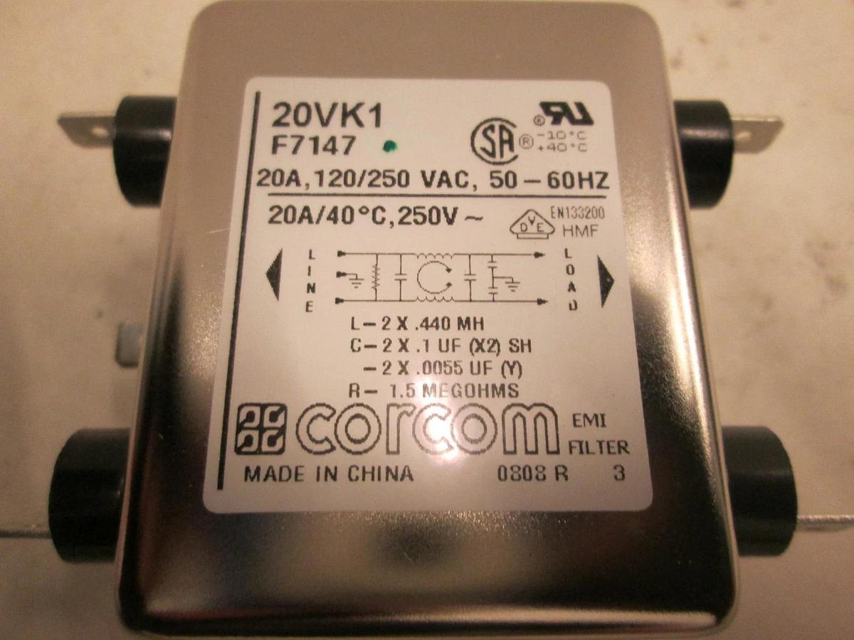 Corcom, 20VK1, F7147, 120/250 VAC, 50/60Hz, EMI Filter, New