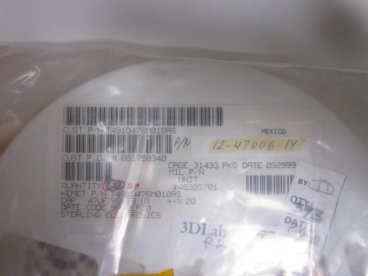 Kemet Tantalum Capacitor, T491D476M010AS, 10V, 20%TOL, Series T491, Reel of 390