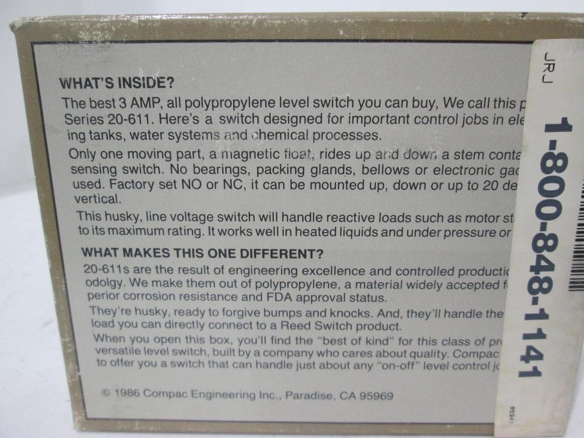 Used Compac Engineer, Vertical Float Switch PP N/C Dry, Series 20-611, 6911.421, New