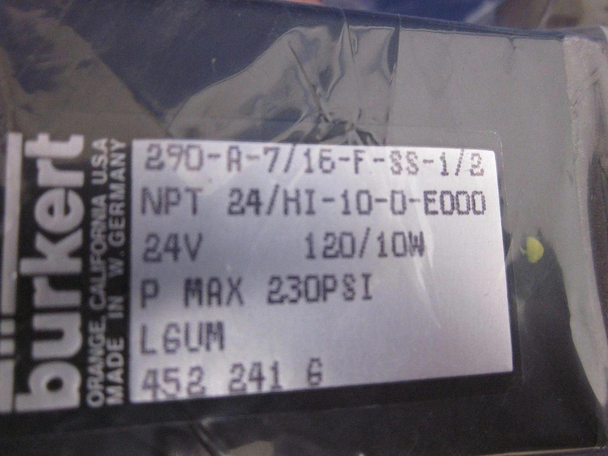 Burkert 452 241 G General Purpose Valve 2/2 Way, 290-A-7/16-F-SS-1/2, LOT of 2