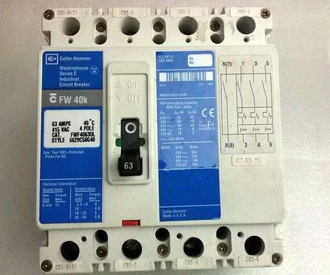 Used Cutler Hammer FWF4063OL Circuit Breaker,4 Pole 63 Amp 690V, Used