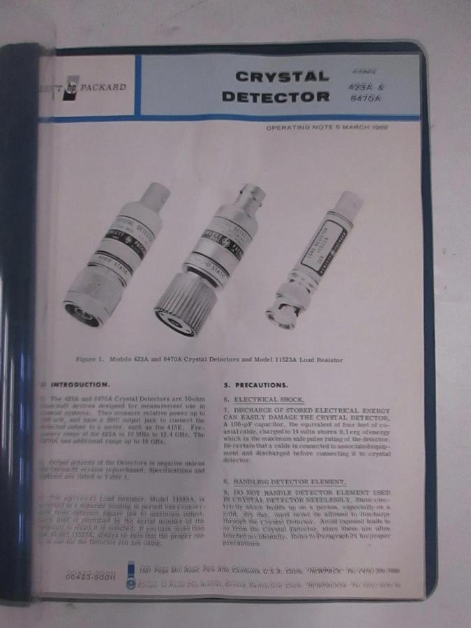Used HP 423A and 8470A Crystal Detectors Operating Note, Used