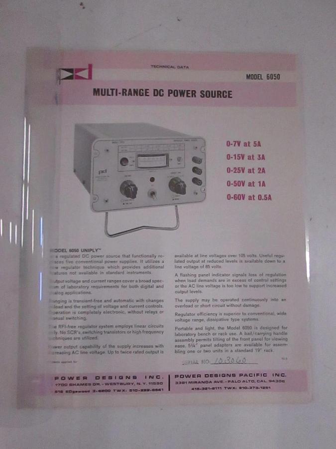 Used Power Designs Multi-Range DC Power Source Technical Data, Model 6050, Used