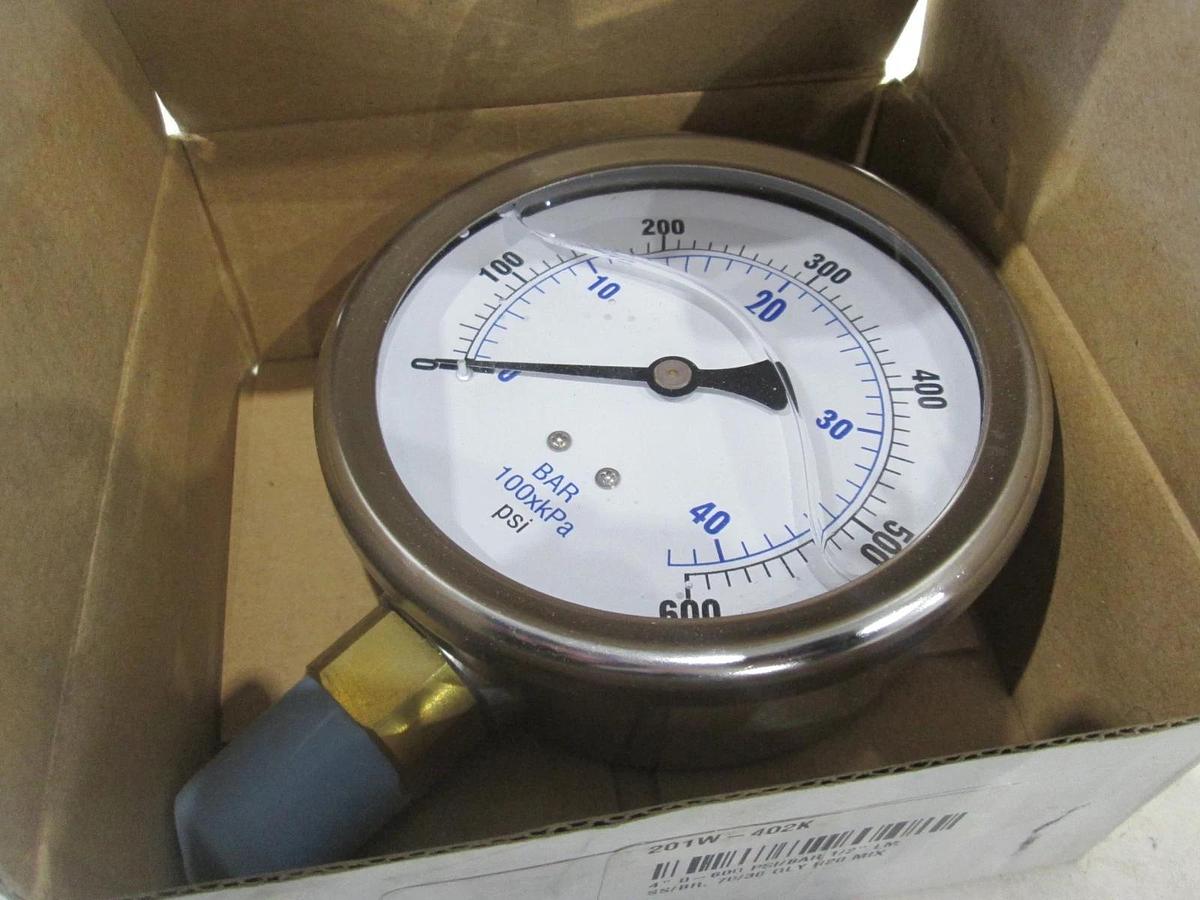 PIC Gauge, 201W-402K, 4", 0-600 PSI/Bar 1/2" LM SS/BR, 70/30 GLY H20 Mix, New