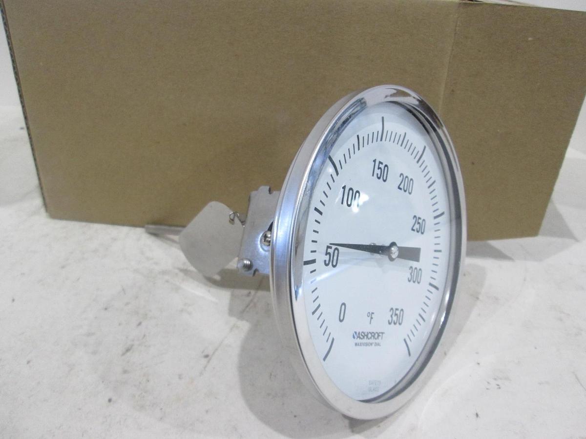 Used Ashcroft, 50E142E025XNHSG0/350F, 5" Bimetal Thermometer, 1/2" NPT Union, New