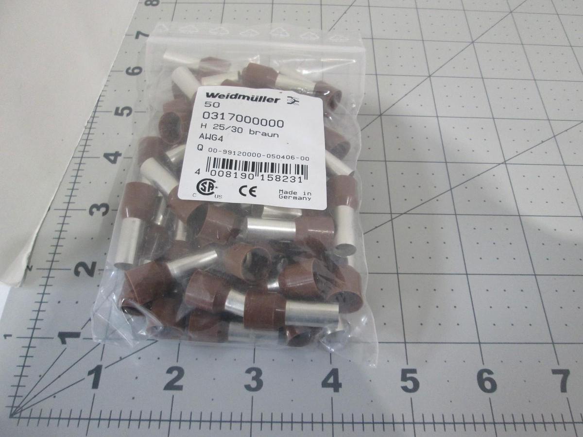 Weidmuller, 0317000000, Ferrule, End, Cable, 4 AWG, BR, New, Lot of 50
