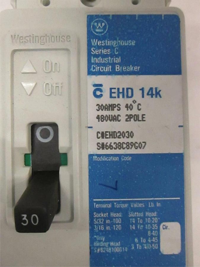 Used Westinghouse EHD2030 Circuit Breaker, 2 Pole, 30A, 480 VAC, Used