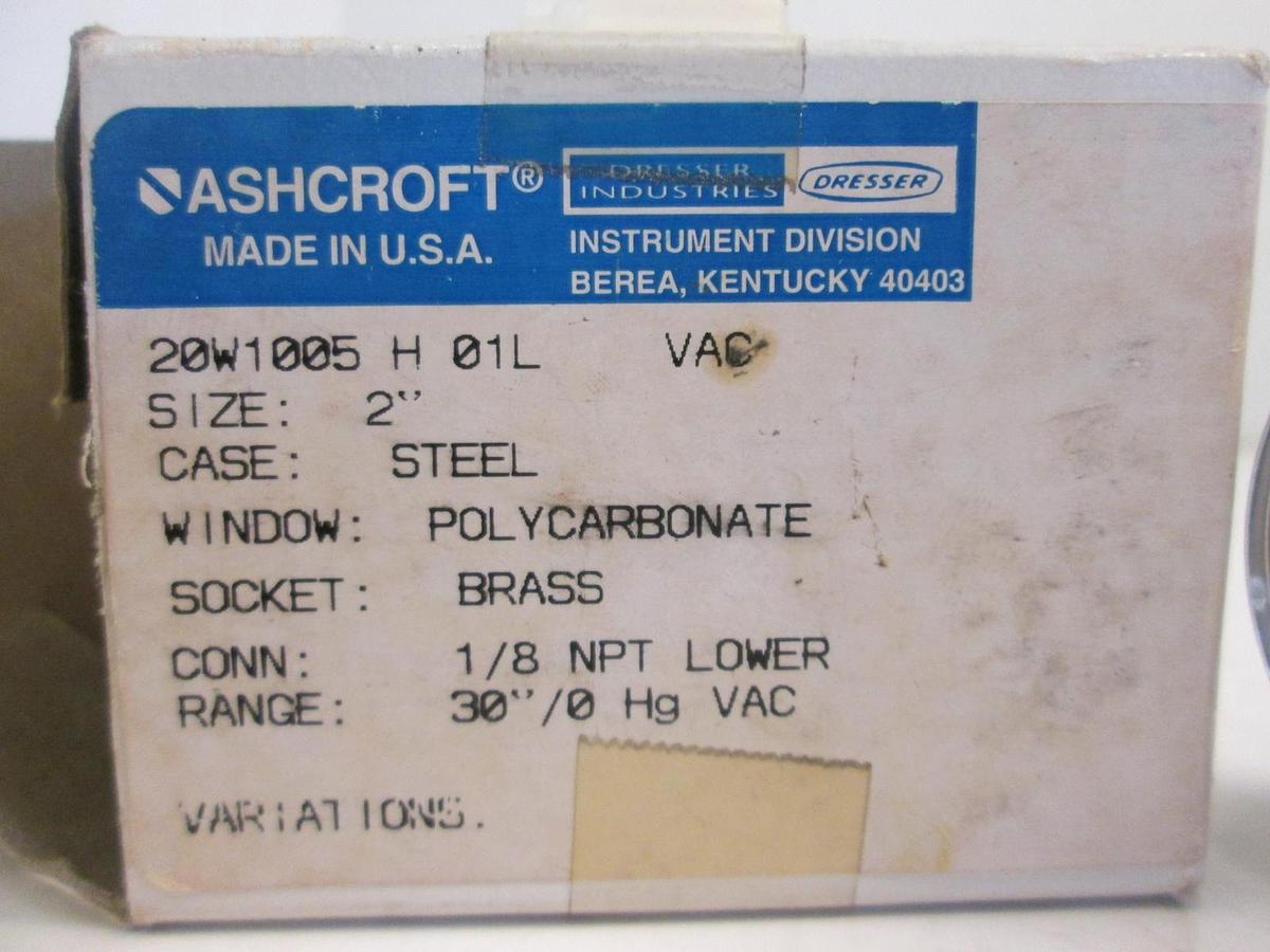 Ashcroft Vacuum Gauge, 20W1005, 2" Face, 30"-0 Hg VAC, New