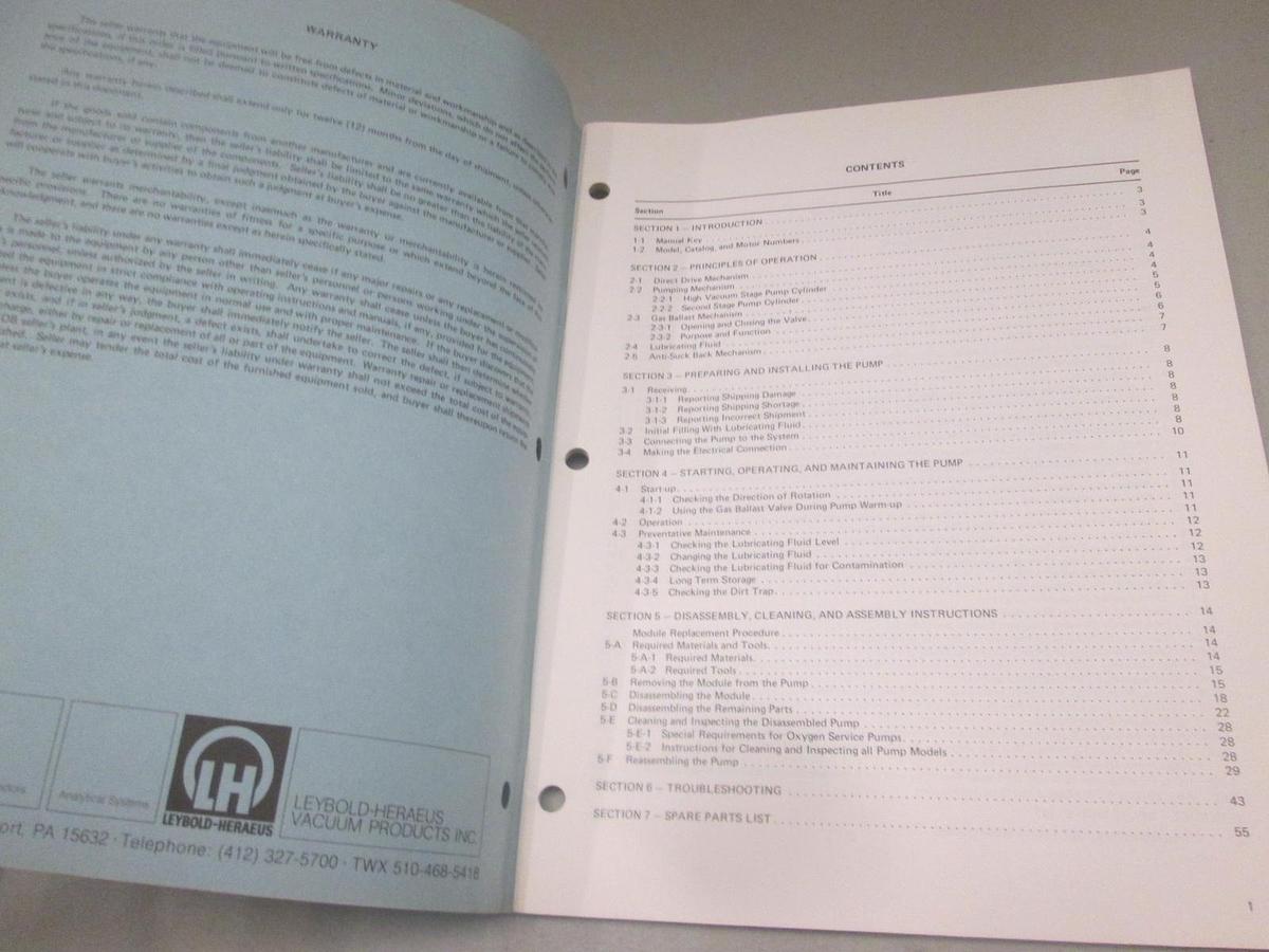 Used Leybold, 99-800-005, Operation and Maintenance Manual for TRIAC Pumps, Used
