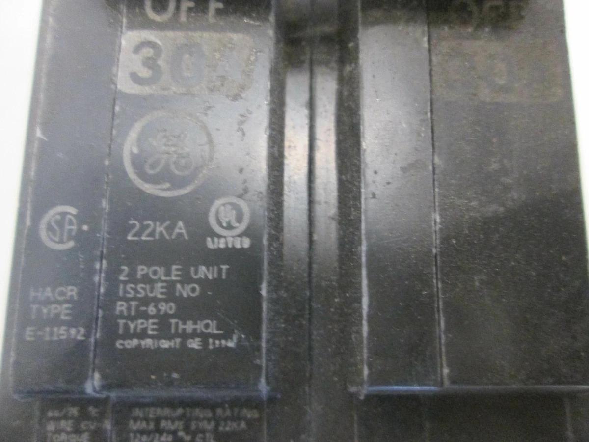 Used General Electric, Circuit Breaker, 22KA Type THHOL, 30A, 2 Pole, Used, Lot of 5