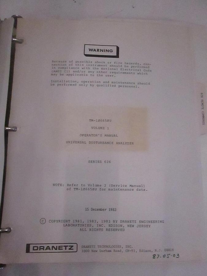 Used Dranetz TM-106650U Volume 1 Disturbance Analyzer Operators Manual, Used