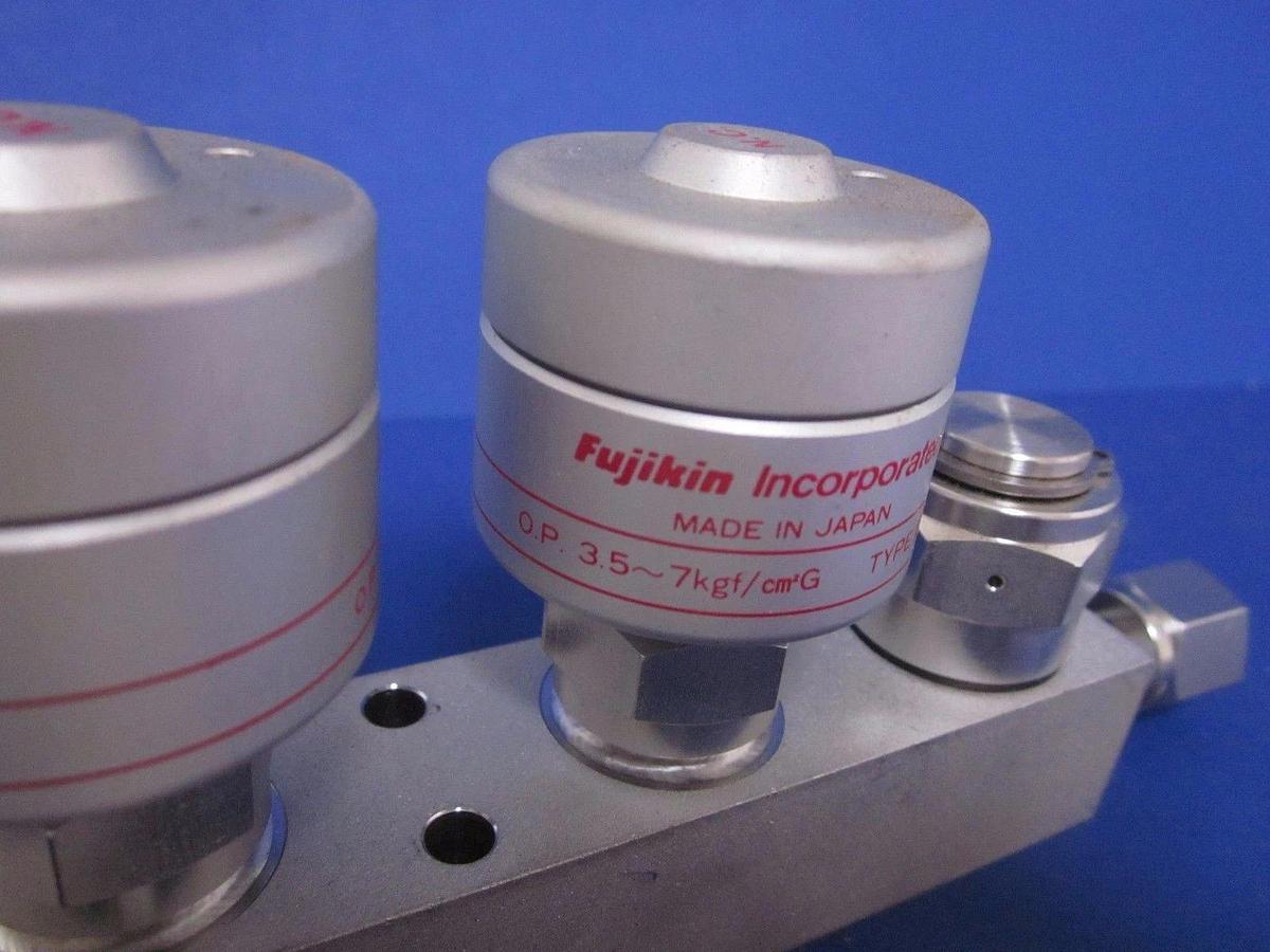 Used Fujikin TEL 4 Port Block w/ 2 Pneumatic Valves, O.P. 3.5-kgf/cm2G NC/NC, Used