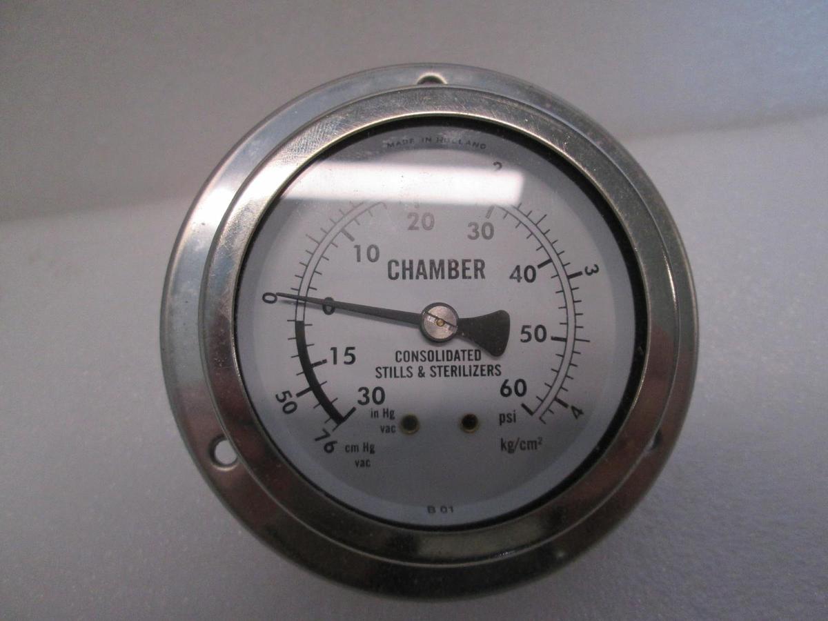 Used Consolidated Stills & Sterilizers, 0-60 PSI Pressure Gauge, Back Mount, Used
