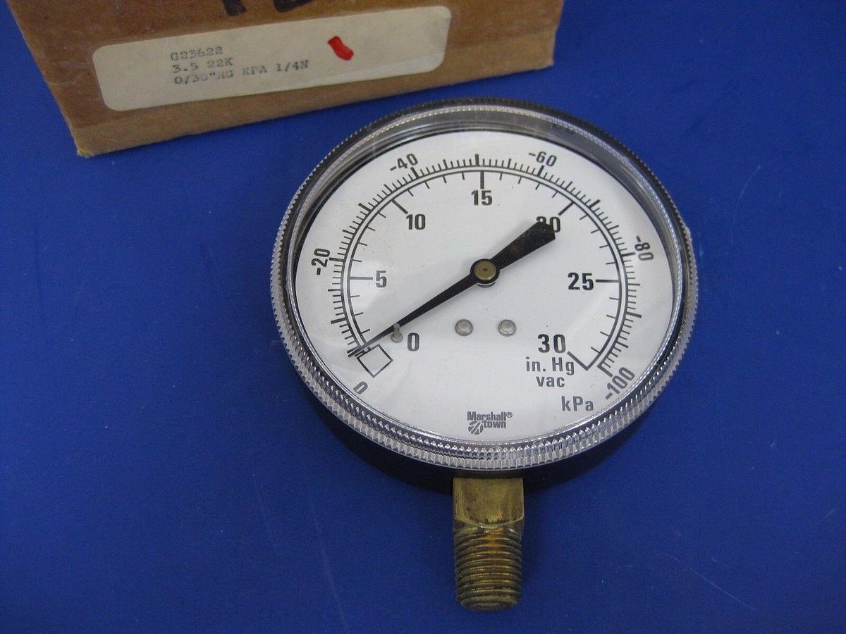 Used Marshall Town 3.5" Vacuum Gauge, 0-30" HG VAC / 0 to -100 kPa , New