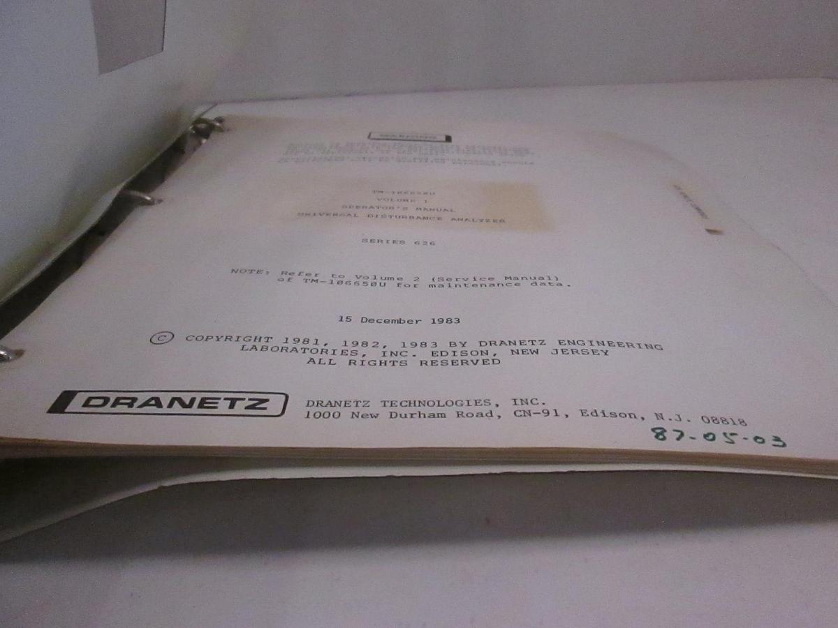 Used Dranetz TM-106650U Volume 1 Disturbance Analyzer Operators Manual, Used