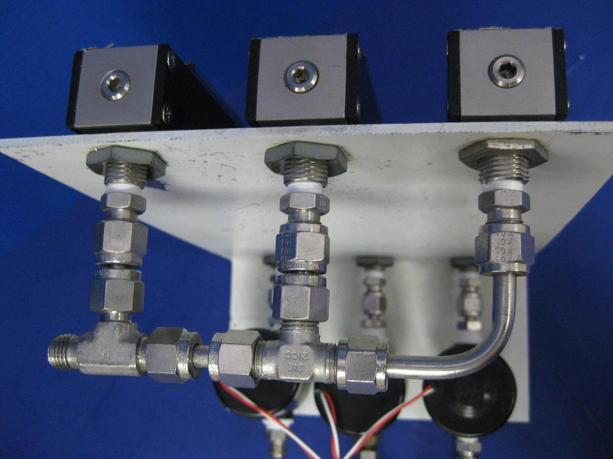 Used Brooks Sho-Rate 3 Flowmeter Assy w/ 3 Furon Delta Solenoid Valves, DV2-124NOD2