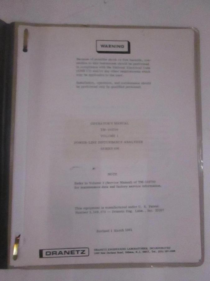 Used Dranetz TM-102700 Volume 1 Power-LineDisturbance Analyzer Operators Manual, Used