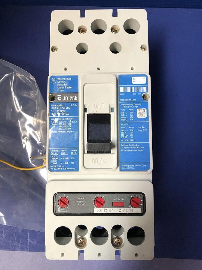 Used WESTINGHOUSE JD 25K JD3250F 250A, 600V Circuit Breaker, Used