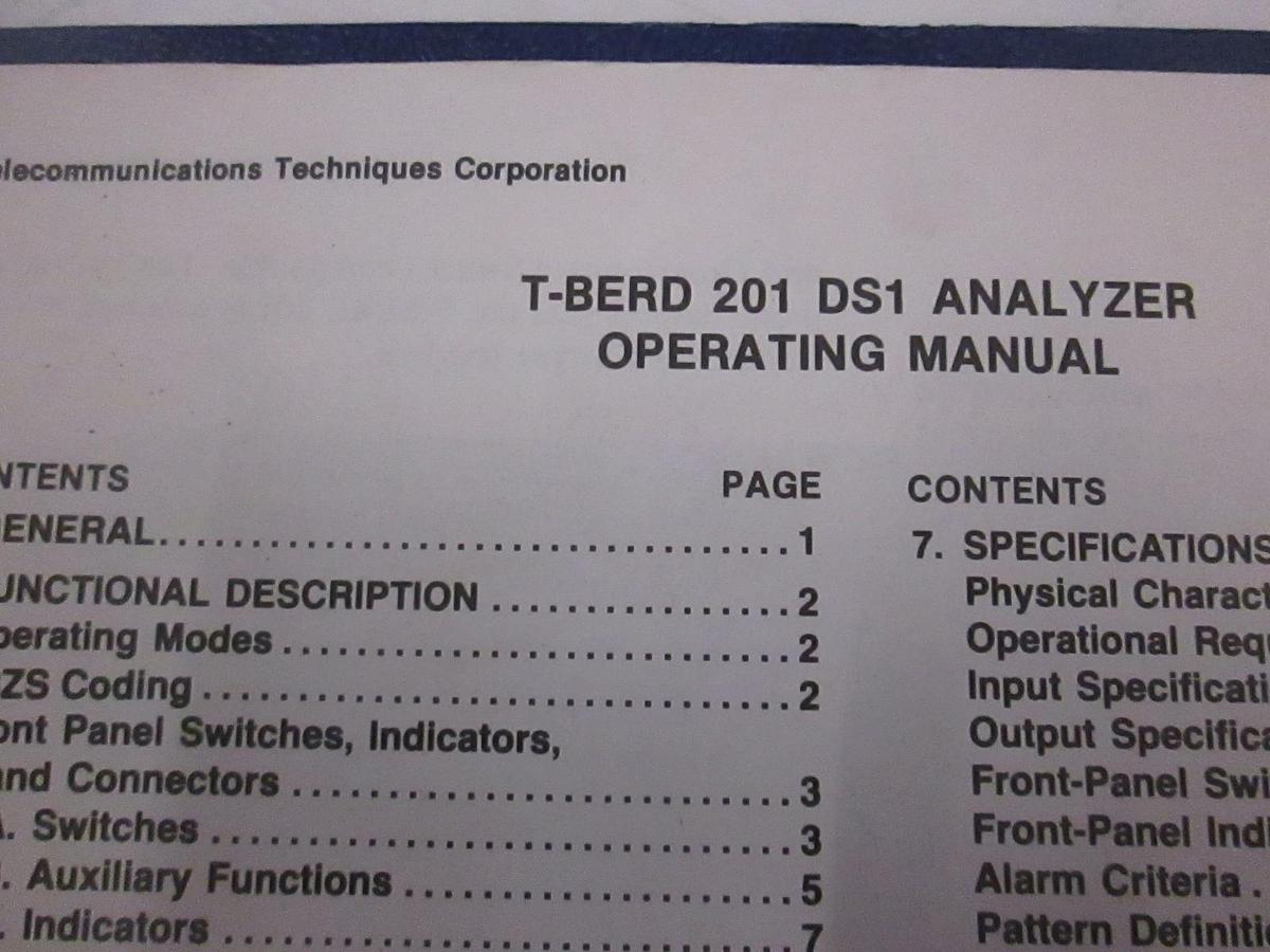 Used TTC T-Berd 201 DS1 Analyzer Operating Manual, Used