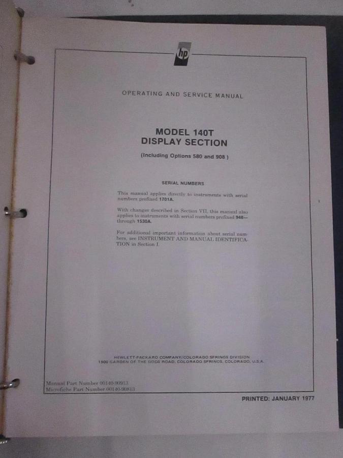 Used HP Model 140T Display Section, Operating and Service Manual, Used