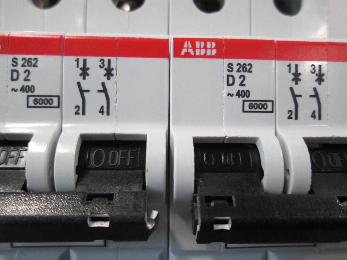 Used ABB, S262-D2, 2 Pole 2A Type D Circuit Breaker 400VAC DIN Rail Lot of 4