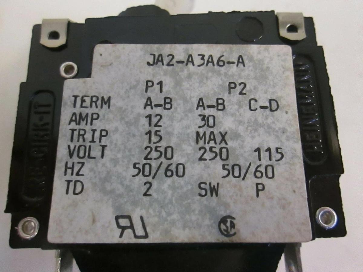 Used Heinemann JA2-A3A6-A, 2 Pole Circuit Breaker Switch- Used