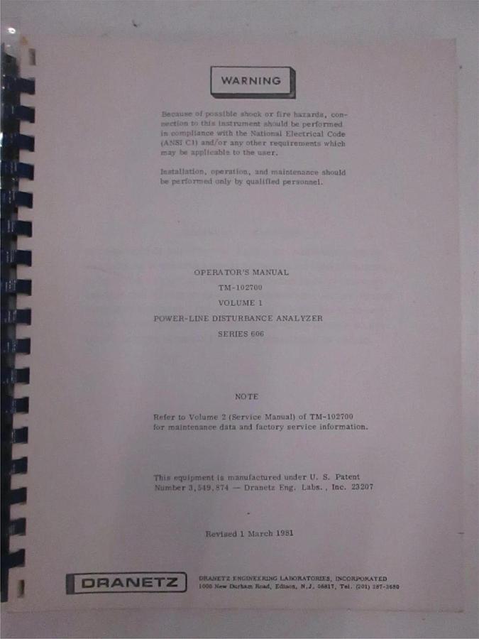 Used Dranetz TM-102700 Volume 1 Series 606 Operator Manual, Used
