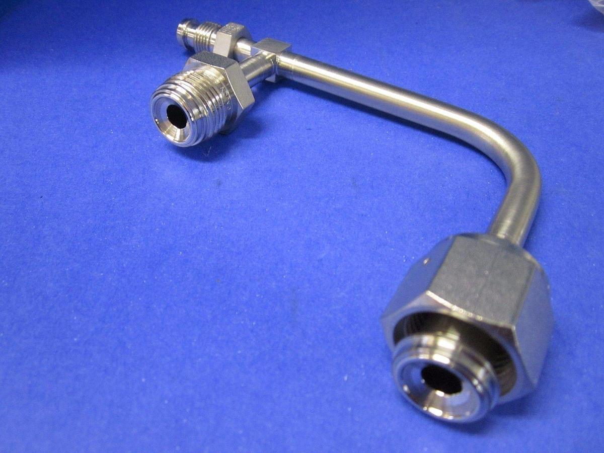 Used Vacuum Elbow Tube Weldement Assy, 1/4" MVCR x 1/2" Female VCR w/ 1/2" MVCR Port