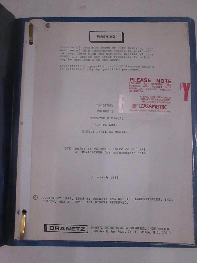 Used Dranetz TM-106705U Volume 1 Single Phase AC Monitor Operators Manual, Used