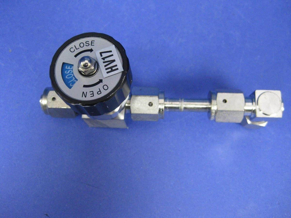 Used Fujikin Indicating Shut Off Valve, 1/4" MVCR x Elbow Tube Assy & 1/4" MVCR