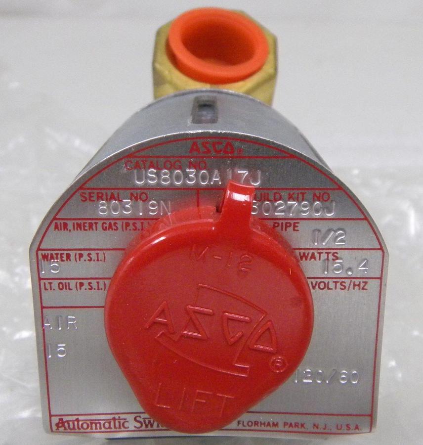 Used Asco red hat US8030A17J Valve, 15.4 W, 1/2" Pipe, 120/60 Hz, NEW