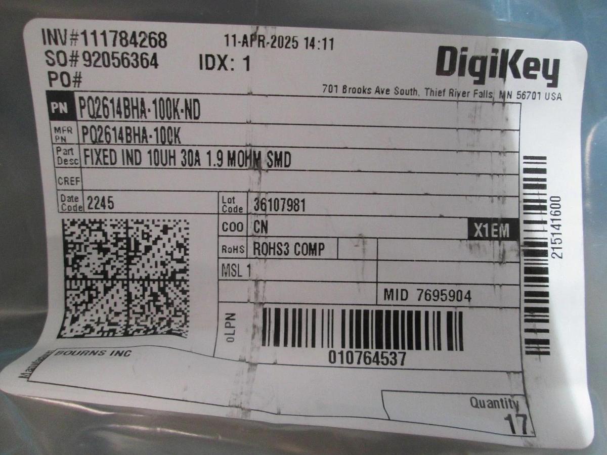 Bourns, Digikey, PQ2614BH-100K-ND, Fixed IND 10uH 30A, 1.9 MOHM, New, Lot of 17