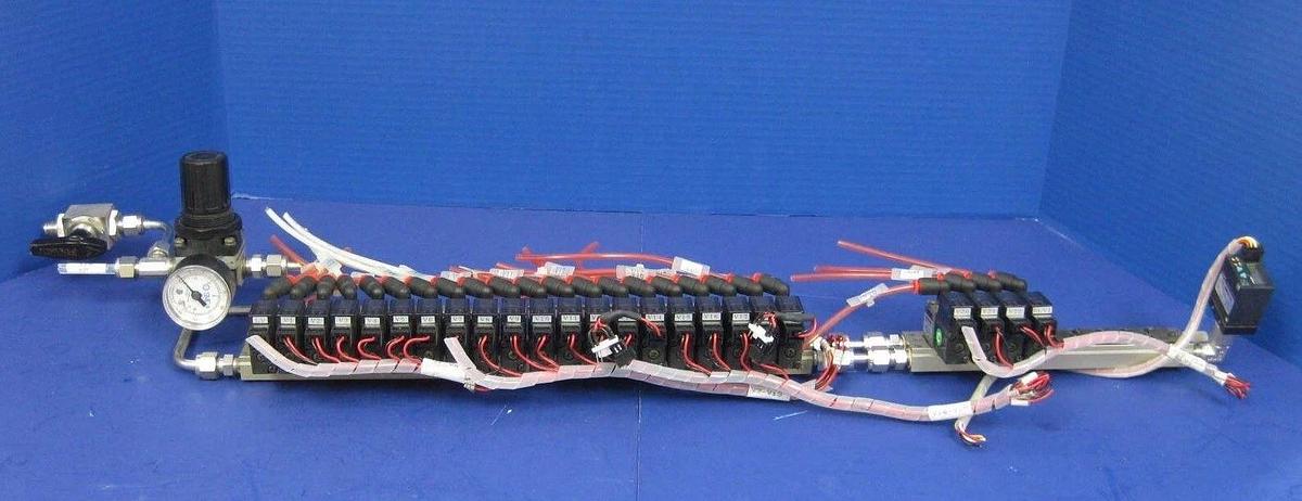 Used SMC 10-VZ110 Valve Assembly w/ 24 Valves, 2 Manifolds, Regulator, Press. Switch