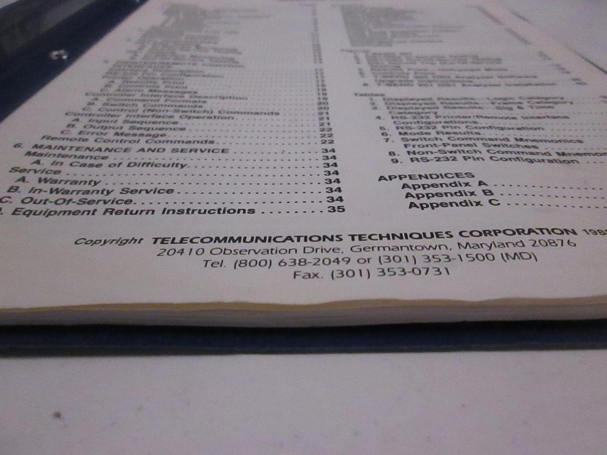 Used TTC T-Berd 201 DS1 Analyzer Operating Manual, Used