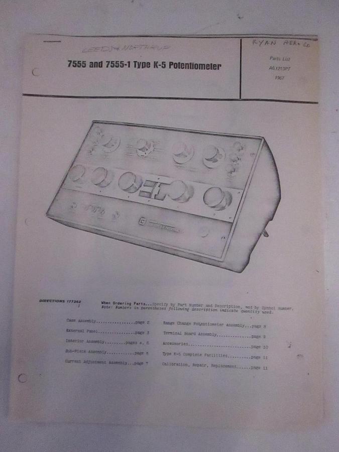 Used Leeds Northrup 7555 and 7555-1 Type K-5 Potentiometer Parts List, Used