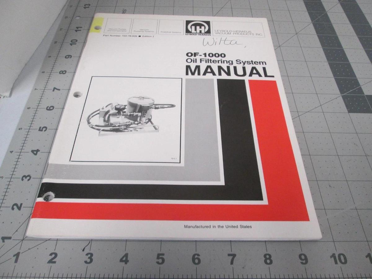 Used Leybold, OF-1000, Oil Filtering System Manual, 722-78-009, Edition I, Used