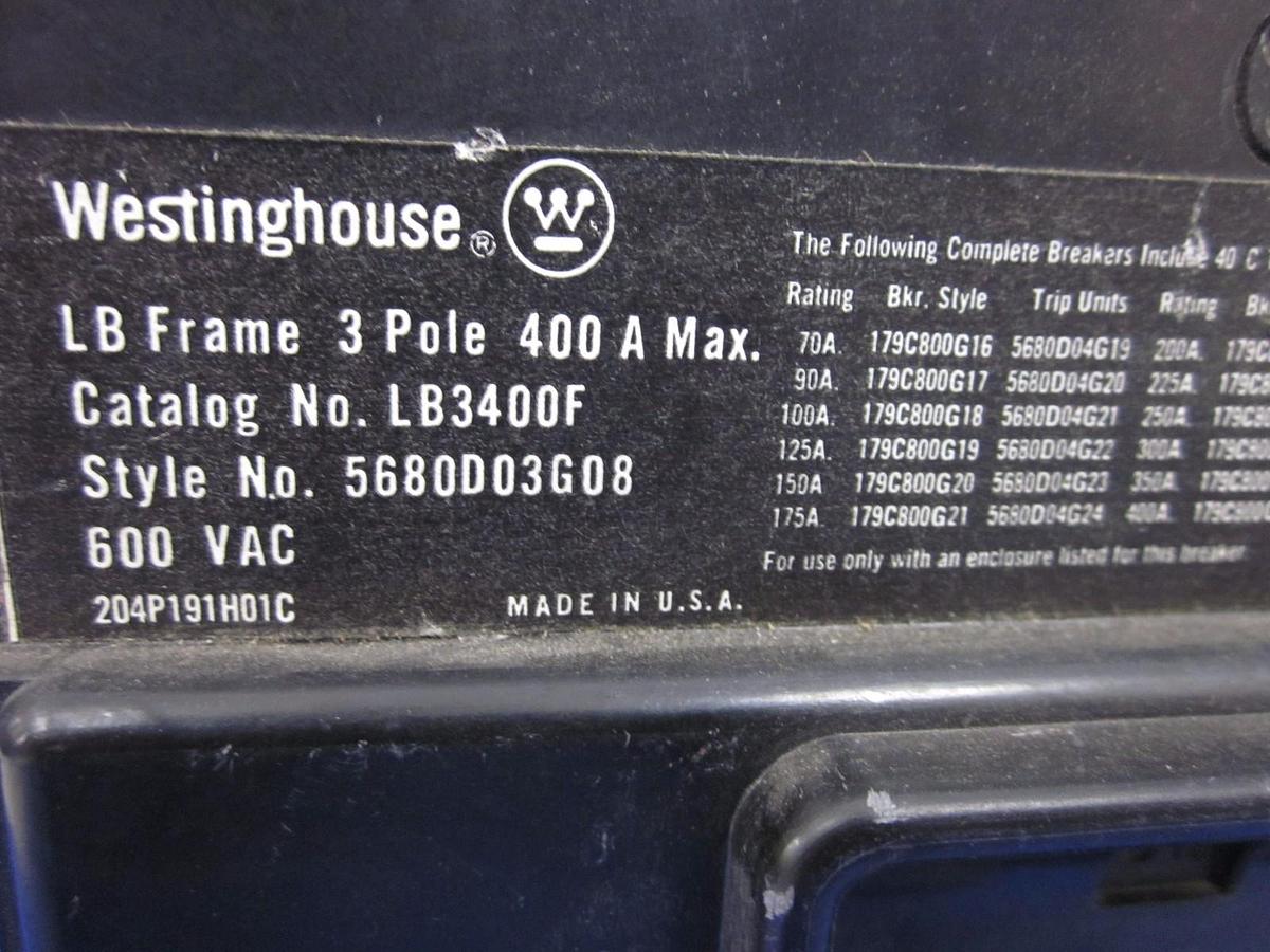 Used Westinghouse LB3400F Circuit Breaker, 600V 400A, 3 Pole