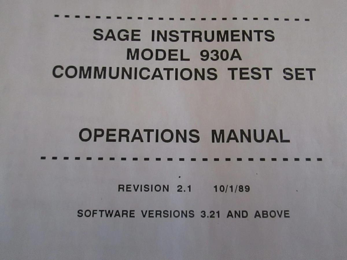 Used Sage Instruments Model 930A Communications Test Set Operations Manual, Used