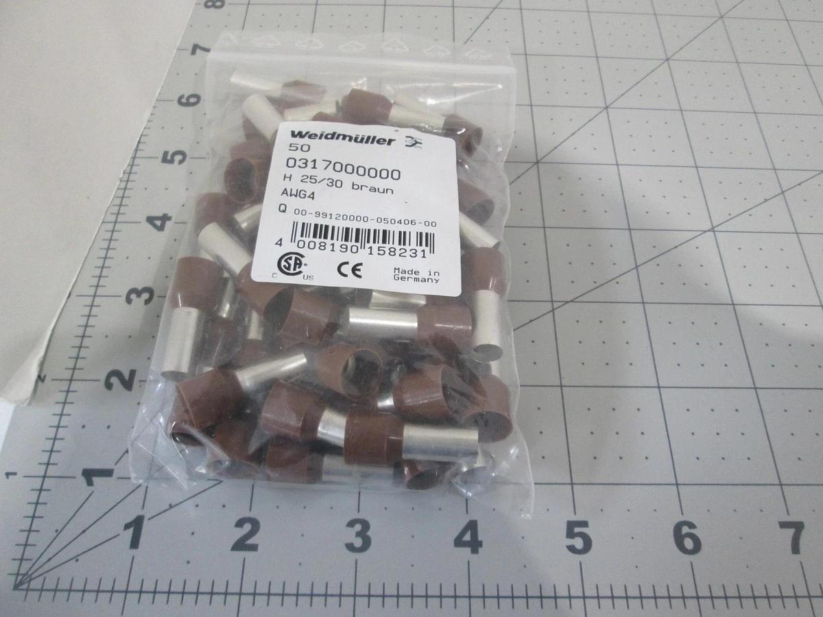 Weidmuller, 0317000000, Ferrule, End, Cable, 4 AWG, BR, New, Lot of 50