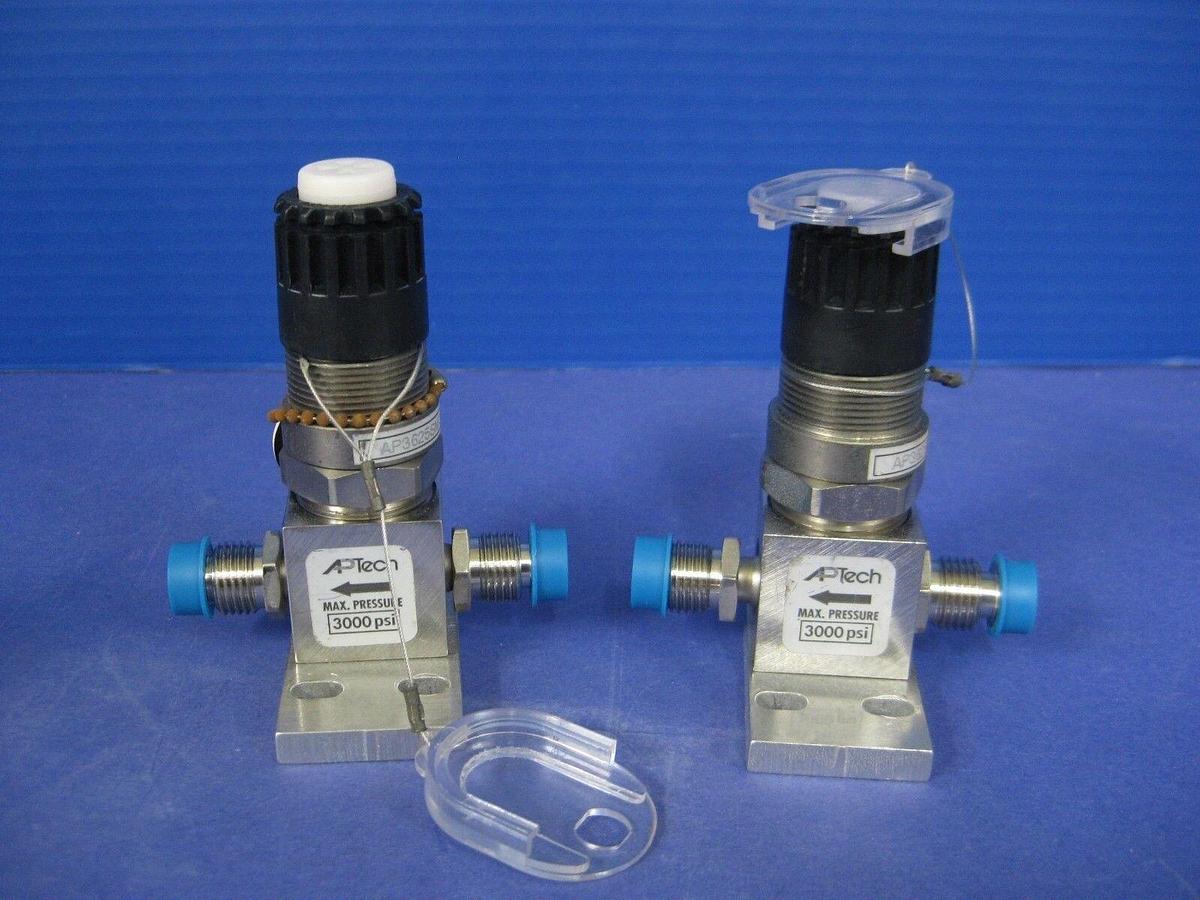 Used APTECH AP3625SM Manual Diaphragm Valve w/ Black Handle & LOTO, Lot of 2