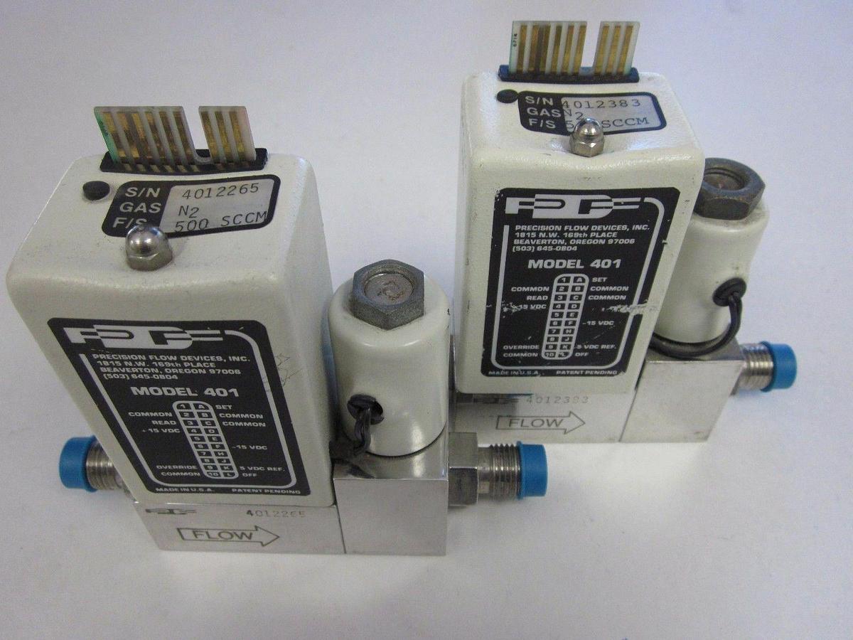 Used Precision Flow 401 MFC, Gas: N2, Range: 500SCCM, 1/4" M VCR In/Out - LOT of 2