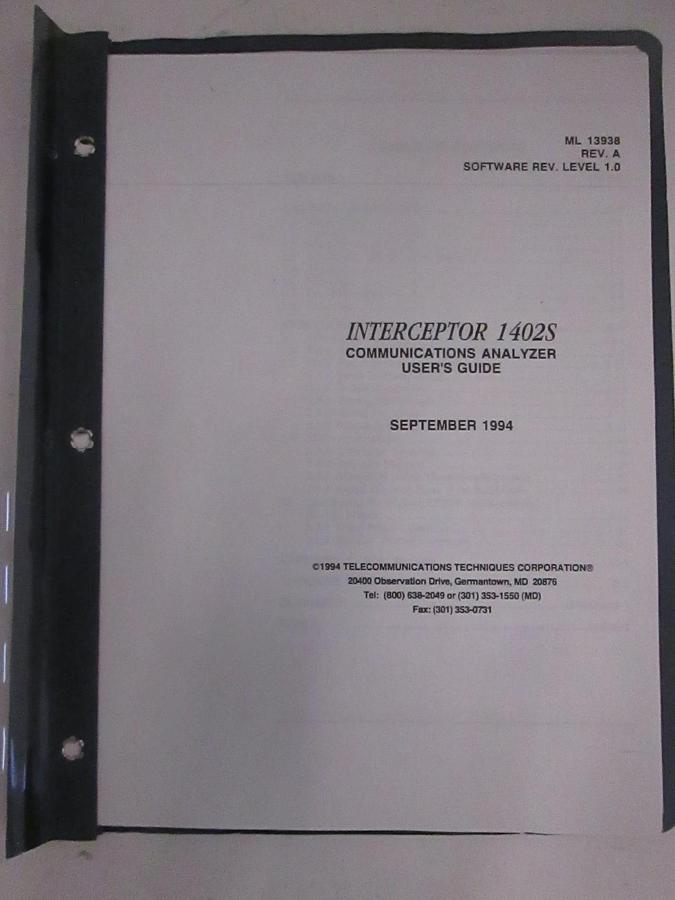 Used TTC Interceptor 1402S Communications Analyzer User's Guide, Used